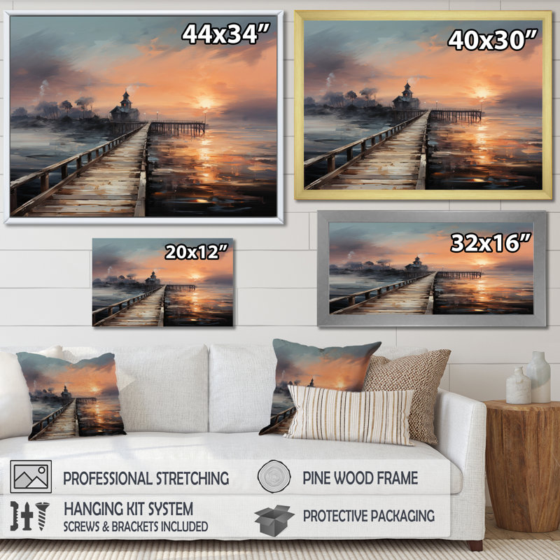 «Pier Misty», art mural sur toile, «Misty Morning», Cadre flottant noir, H 30 po x l 40 po x P 1,5 po