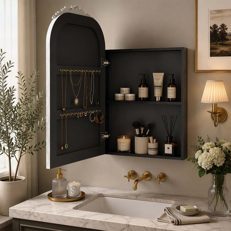 Armoire à pharmacie vintage avec miroir, rangement, design élégant en forme d'arche et étagère réglable pour une organisation optimale de la salle de bain
