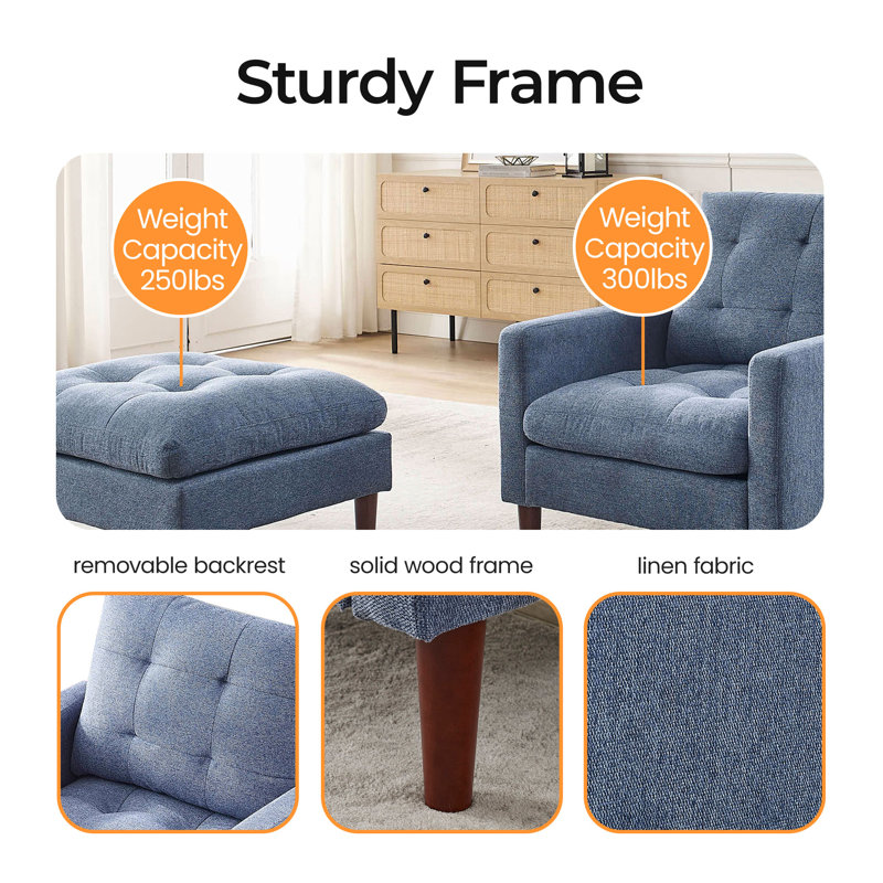 Canapé simple 31,5 "avec pieds en bois massif, Mélange de lin bleu