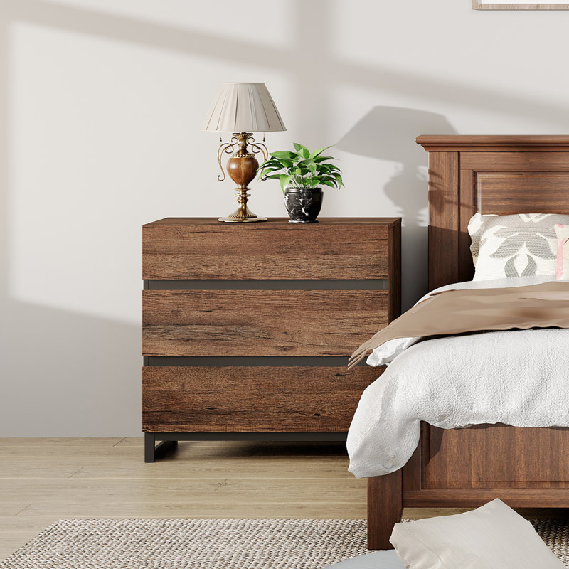 Nightstand With 3 Drawers For Bedroom, Modern Bedside Table With Black Square Iron Leg, Wood Rustic Side Table For Living Room