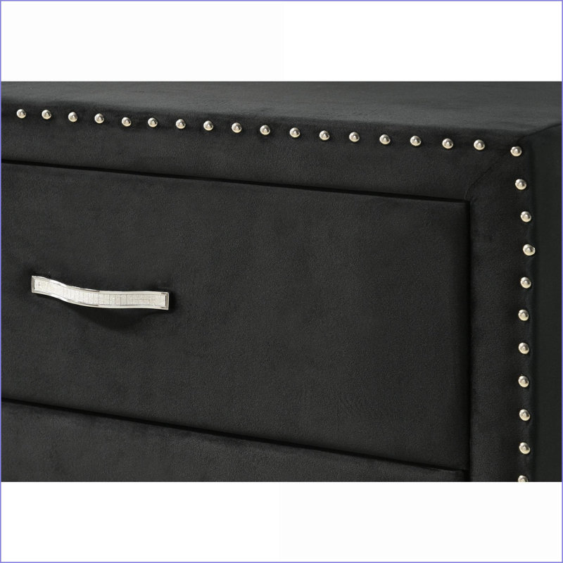 Table de chevet à deux tiroirs Glam avec revêtement en tissu et verre trempé