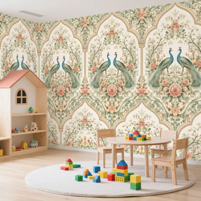 Papier peint adhésif auto-adhésif moderne pour la chambre à coucher avec des feuilles de paon à motif floral de roses roses et de feuilles vertes