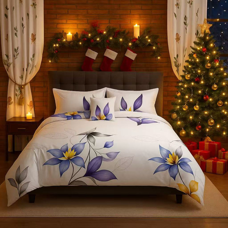 Ensemble de couvre-lit floral avec housses et rideaux décoratifs, grand, blanc, Couvre-lit grand + 6 pièces supplémentaires