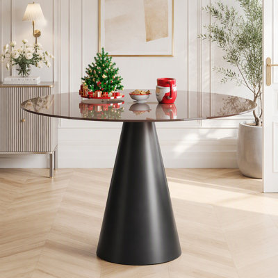 Table de salle à manger ronde de 89 cm (35 po) avec dessus en verre trempé, pouvant accueillir de 2 à 4 personnes. Petite table de salle à manger brun foncé avec pattes en acier au carbone. Table de bistro compacte idéale pour un appartement, une cuisine et un restaurant.