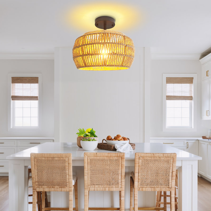 Rattan Woven Semi-flush Mount Chandelier, Bohemian Ceiling Light For Bedroom, Living Room, Hallway