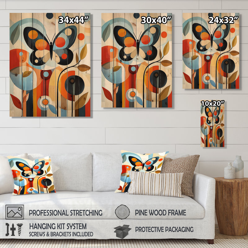 Mid Century Butterfly Journey II - Décoration murale moderne en bois sur bois de pin naturel, H 20 po x l 10 po
