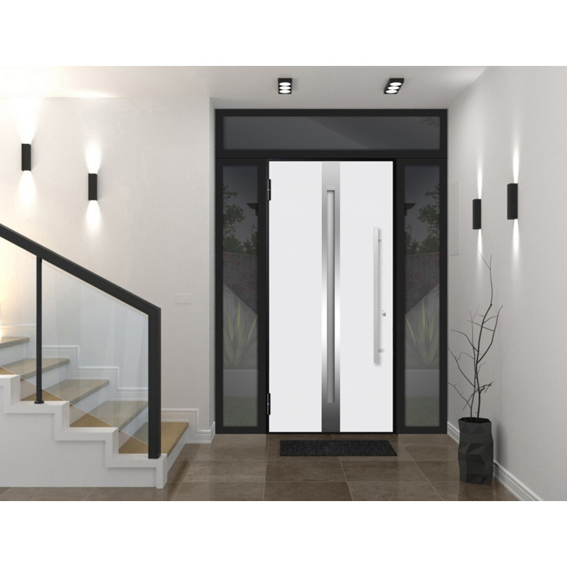 Porte d'entrée extérieure prémontée en acier Deux 1744 Chêne naturel, 2 fenêtres latérales et supérieures noires, inserts en acier inoxydable, style moderne, peinte, L 12+36+12 x H 80+16, ouverture à droite vers l'intérieur