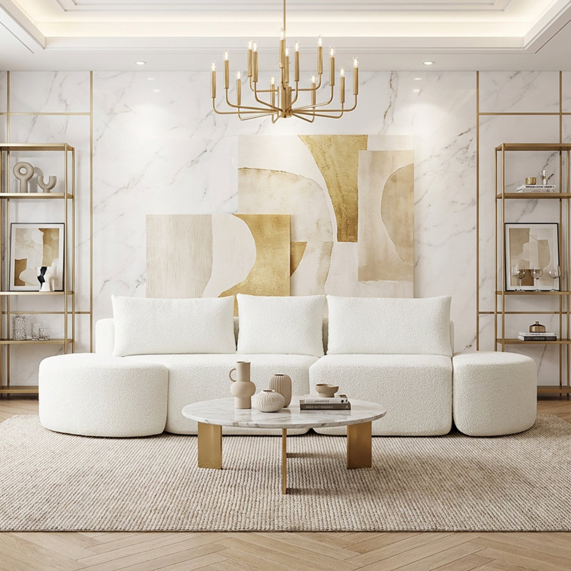 Ensemble de canapé modulaire en forme de V à compression de 106,3 pouces en chenille avec trois coussins décoratifs et deux repose-pieds courbés, beige