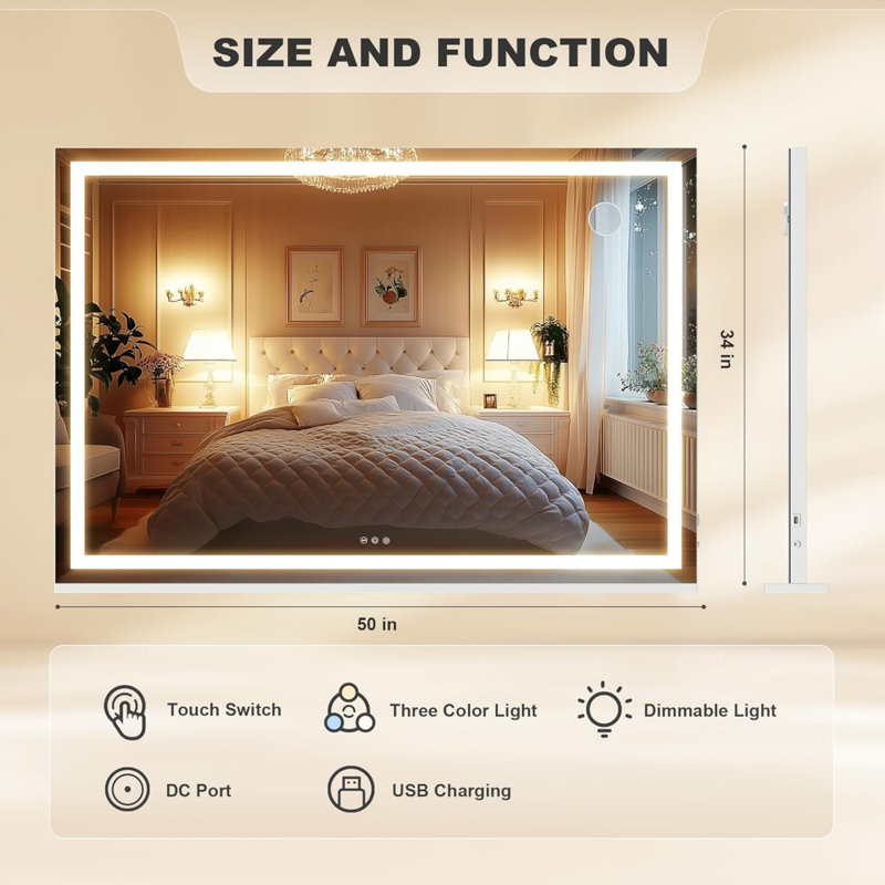 50" X 34" Square LED Lighted Makeup Vanity Mirror With 3 Dimmable Color Modes, Touch Screen Control, Wall Mounted Or Tabletop, White Finish
