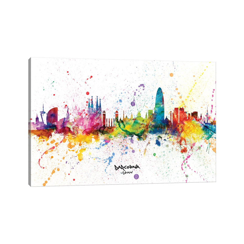 Barcelona Spain Skyline Splash by Michael Tompsett - Wrapped Canvas Print, 20.32 cm H x 30.48 cm W