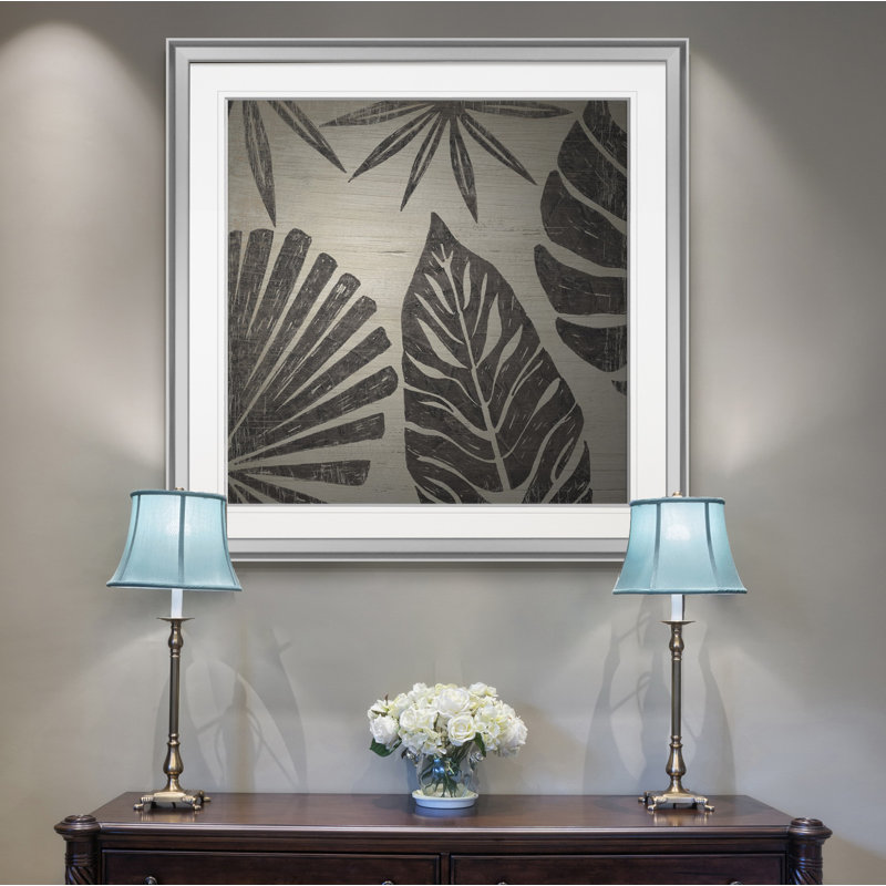 « tribal palms iii », peinture, H 16 po x l 16 po x P 1,5 po, Encadrement argenté