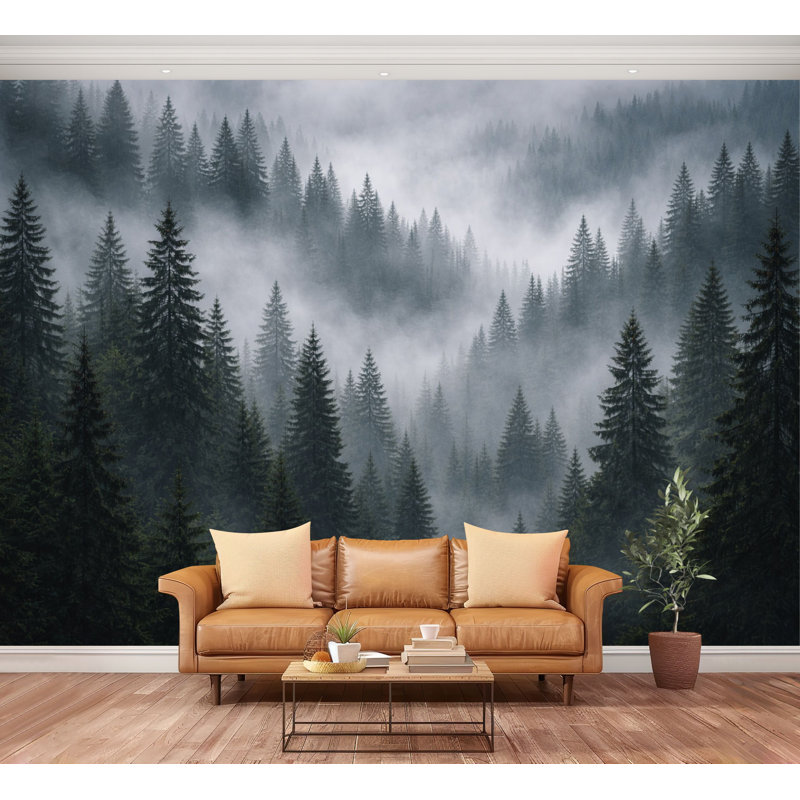 Papier peint auto-adhésif Misty Evergreen Forest Landscape, 100" L x 144" W