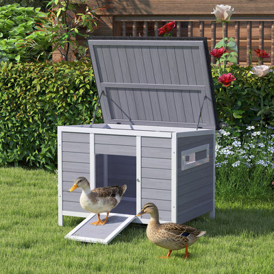 Duck Coop, Wooden Duck House Rabbit Hutch with Openable Roof, Removable Base, Elevated Legs, Ramp, Ventilated Windows, Bunny Cage for Feral Cats, Poultry, Small Animals, Gray