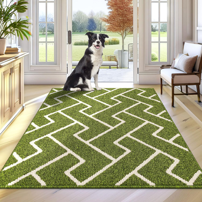 Seriah Non-Slip Geometric Indoor Doormat, Sage Green