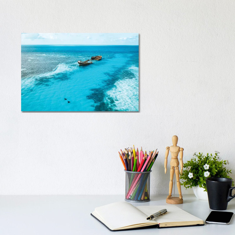 Tropical Island Shipwreck & Eagle Rays by James Vodicka - Wrapped Canvas Gallery-Wrapped Canvas Giclée, 20.32cm H x 30.48cm W