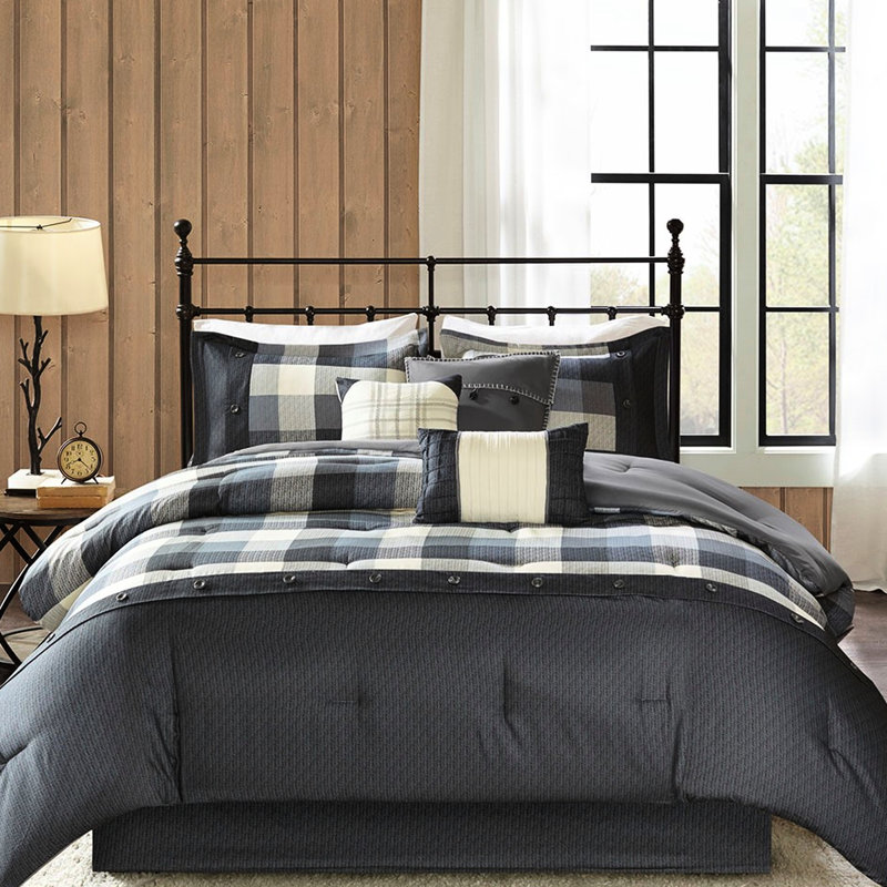 Édredon 7 pièces à chevrons - très grand gris, imprimé à carreaux Buffalo, rembourré, édredon, 2 taies décoratives, 3 coussins, jupe de lit, très grand lit facile d'entretien avec rembourrage, rembourrage, comprend les coussins décoratifs et la jupe
