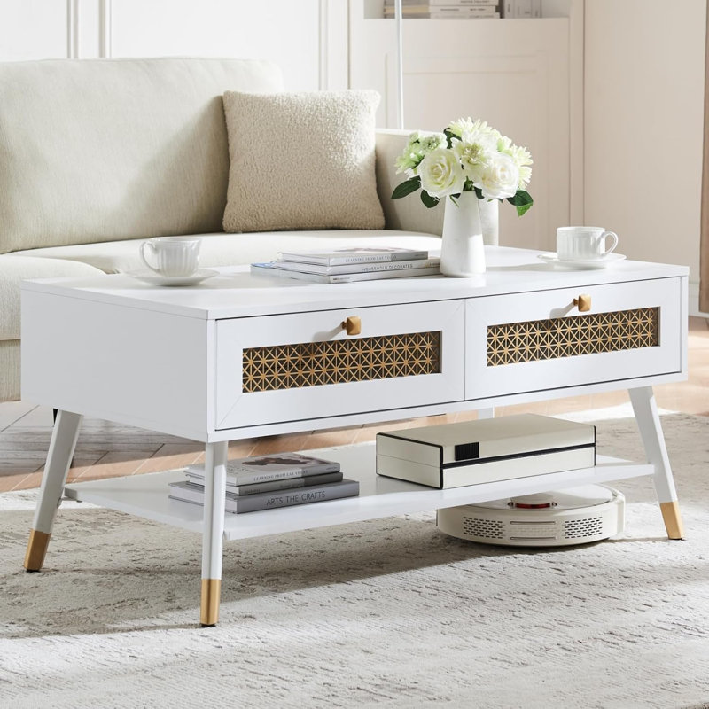 Table basse blanche avec tiroirs de rangement et tablette ouverte - Table de salon Mid-Century Boho avec détails en métal doré