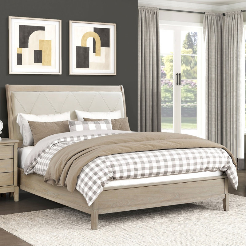 Cadre de grand lit beige avec tête de lit tapissier en similicuir de style classique et rails pour la chambre à coucher, Full