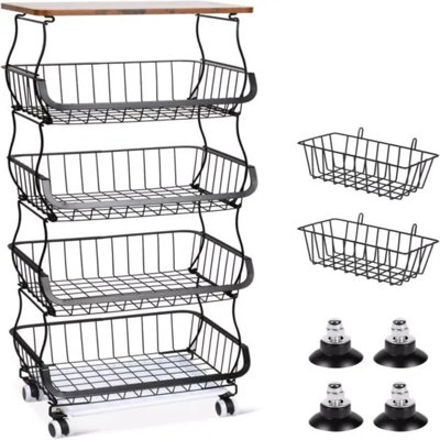 Multi-Tier Stackable Wheeled Metal Storage Basket Trolley With Braked Wheels And A Solid Wood Countertop. Kitchen Fruit And Vegetable Storage Rack. Ventilated And Rust-Proof Mobile Storage Rack