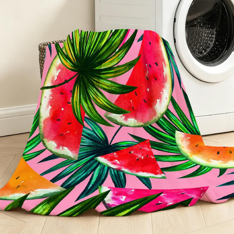 Jeté en flanelle verte molletonnée très douce, naturelle avec imprimé tropical, Throw 40" x 50"