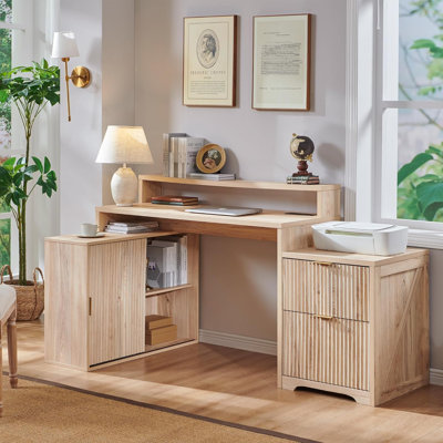 67" L Shaped Desk With Drawers And Power Outlet, Home Office Computer Desk With Monitor Stand, Storage Cabinet