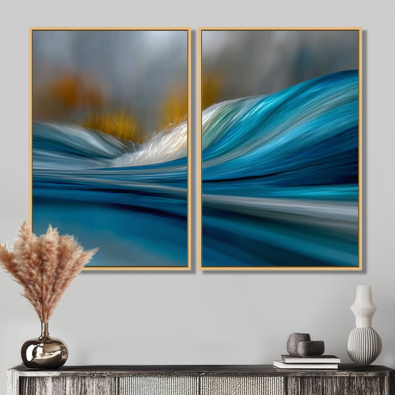 «Yellow Blue Wave Rhythmic River - Coastal Wall Art», reproduction sur toile jaune 2 pièces, H 36 po x l 48 po, Crème