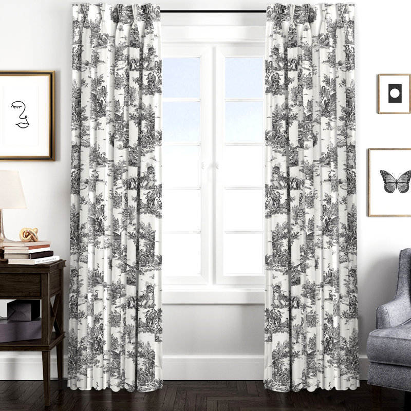 Toile De Jouy 100% Cotton Toile Room Darkening Pinch Pleat Single Curtain Panel, Black, 20" W x 108" L