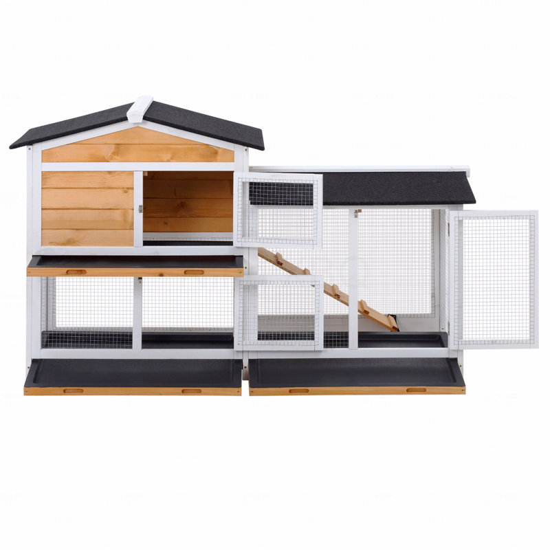 Cage à lapin en bois à 2 étages avec cage pour petit animal et rampe, Jaune