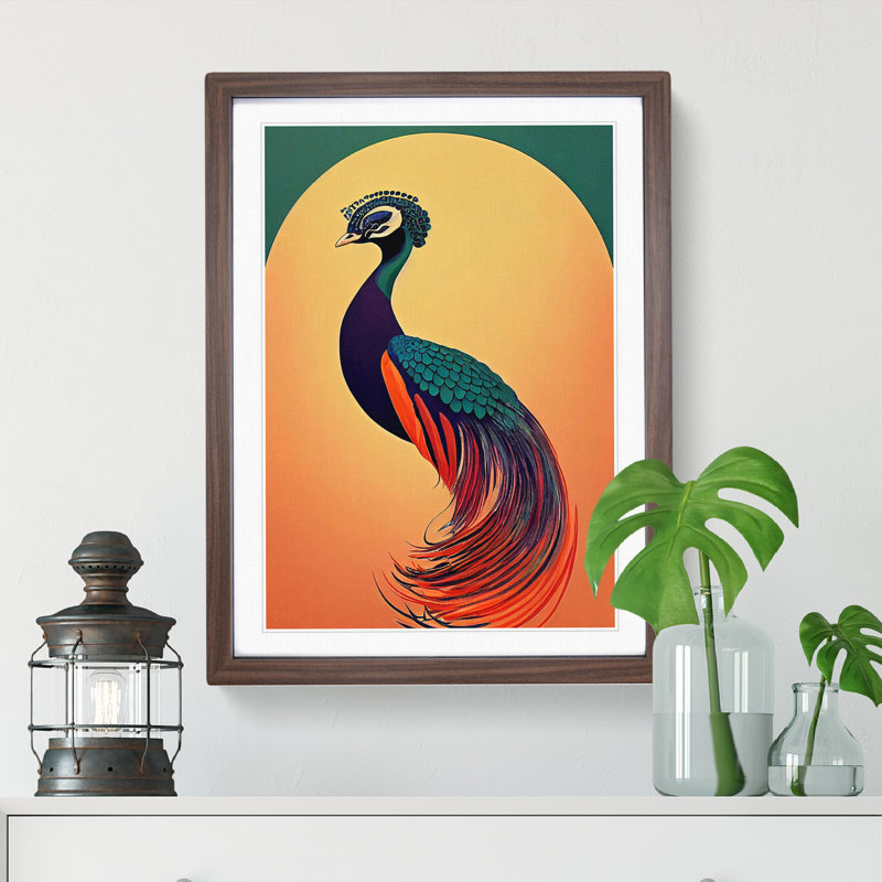 An Nouveau Peacock - Framed Print, 64cm H x 46cm W x 2cm D, Walnut