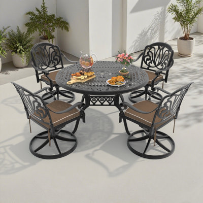 cast aluminum set - round table & swivel chairs, all-weather patio design in black frame