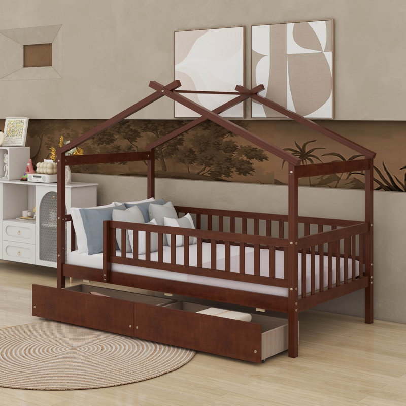 Twin Wooden House Bed With Drawers, Walnut