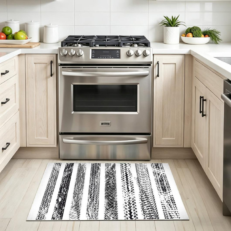 Black Machine Washable,Bicycle Tire Tracks Bike Track Indoor Area Rug, Rectangle 32 po x 47 po