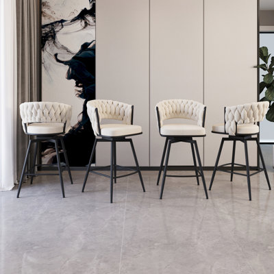 De 4 - à porter, pivotant sur 360 °, tissé, pieds noirs, chaise de bar rembourrée, matériaux blancs,