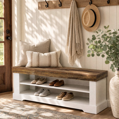 55" Farmhouse Entryway Bench, Wood Shoe Bench