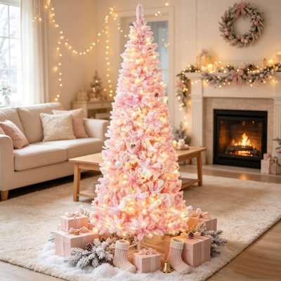 Arbre de Noël 7,5 pi en forme de crayon, arbre de Noël artificiel enneigé avec branches de pin réalistes, lumières DEL blanc chaud, conception à ouverture automatique, arbre de Noël mince ignifuge pré-éclairé pour la décoration des Fêtes