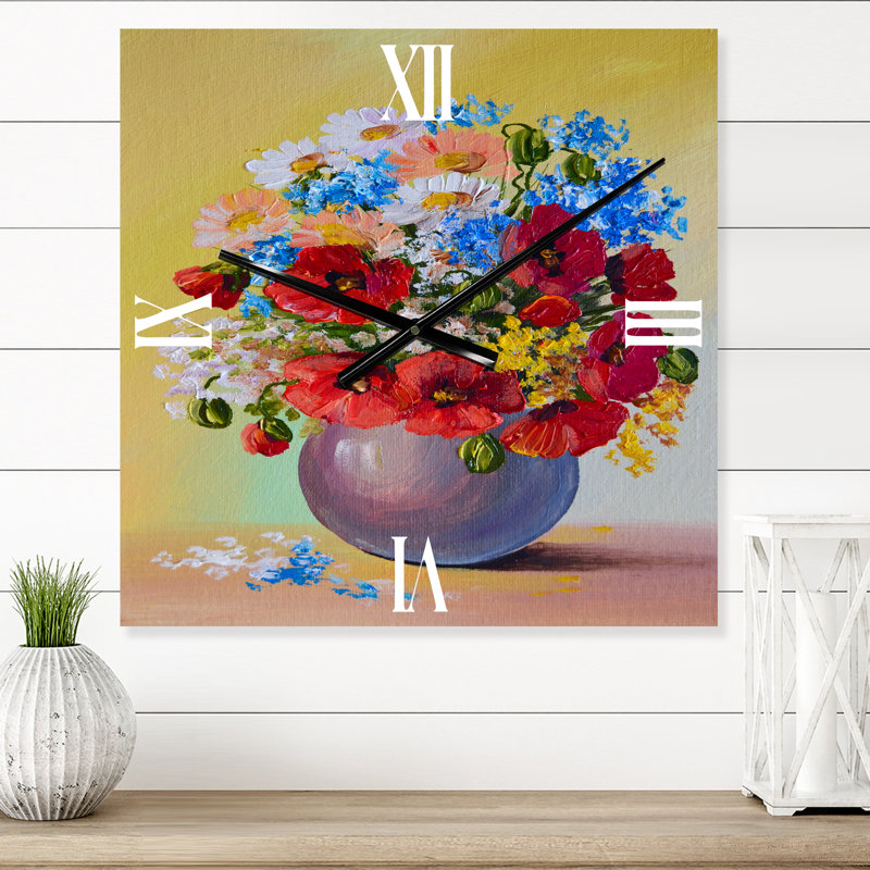 Nature morte un bouquet de fleurs rouges et bleues - Horloge murale traditionnelle, Très grand