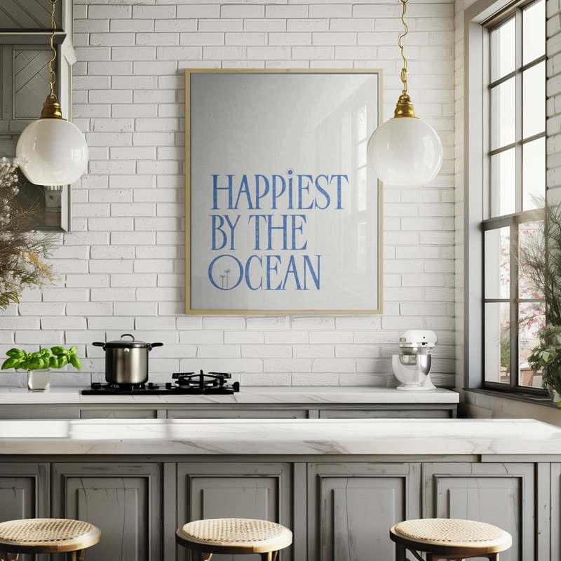 «Happest by the Ocean - Summer Hand lettresing Text A Quote», art mural texturé encadré, Noir, H 14 po x l 10 po