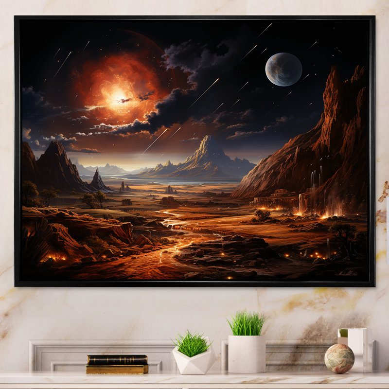 «Futur Cosmic Sunrise On Moon II», art mural de la planète espace, Cadre flottant noir, H 12 po x l 20 po x P 1 po