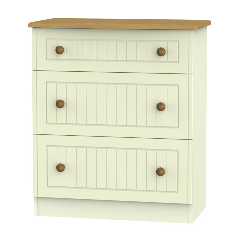 Fully Assembled Saxena 3 Drawer Chest, Cream with Oak Finishing