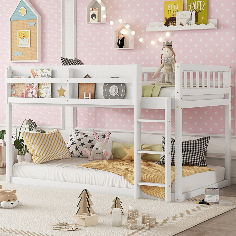 Low Twin Over Twin Bunk Bed, Floor Bunk Bed With Ladder, White