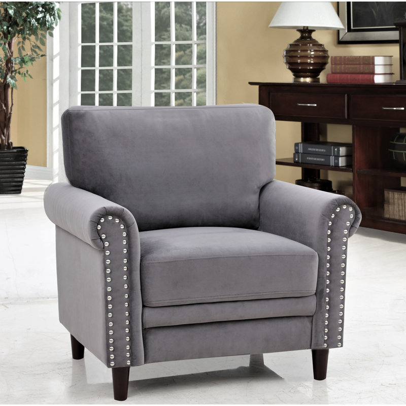 Fauteuil Chesterfield en velours touffeté de 35 po de largeur Lyme, Velours gris