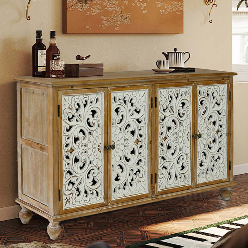 Armoire décorative avec 4 portes, buffet de ferme avec rangement, crédence moderne avec portes florales sculptées en bois pour le salon, la salle à manger, l'entrée, le couloir, la cuisine