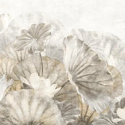 Neutral Lotus Leaf Botanical Wall Mural Soft Beige Nature Inspired Floral Garden Statement Wall Decor For Living Room Bedroom Bathroom Spa Style Accent Wall