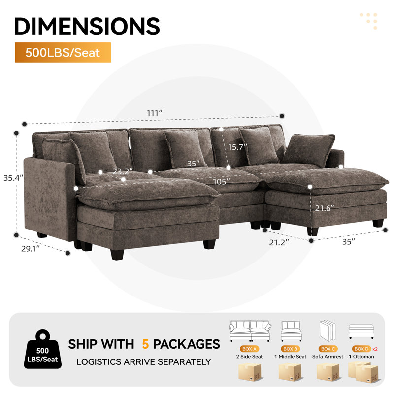 Canapé modulaire rembourré en chenille avec repose-pieds Chenille, Brun, 5