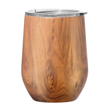 Outset 76486 Double Wall Wine Glass Tumbler with Lid, Wood Grain Pattern, 12 Ounce, Set of 2