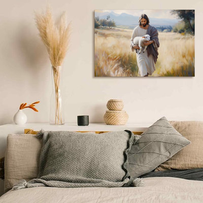 Inspirational Jesus The Good Shepherd Wall Decor, Christian Religious Canvas Art, Jesus Holding Lamb Serene Pastoral Landscape Wall Art for Home, Faith Gift for Believers