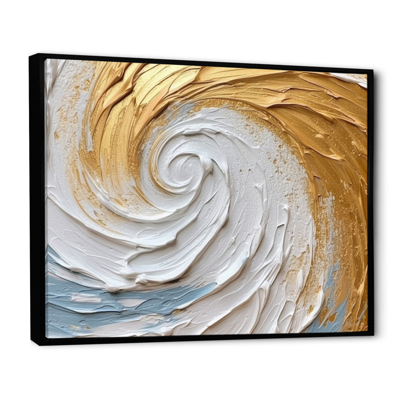 «Gold Eernal Swirl II», art abstrait sur toile à spirales abstraites, Cadre flottant noir, H 16 po x l 32 po x P 1 po