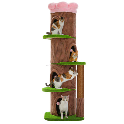 Wood Cat Tree With Flower Perch, 53.5" Modern Cat Tower W/Natural Solid Wood Scratching Post (Φ3.8In), Large Heavy Duty Forest Cat Tree Furniture W/2 Condos For Indoor & Multi-Cat Household