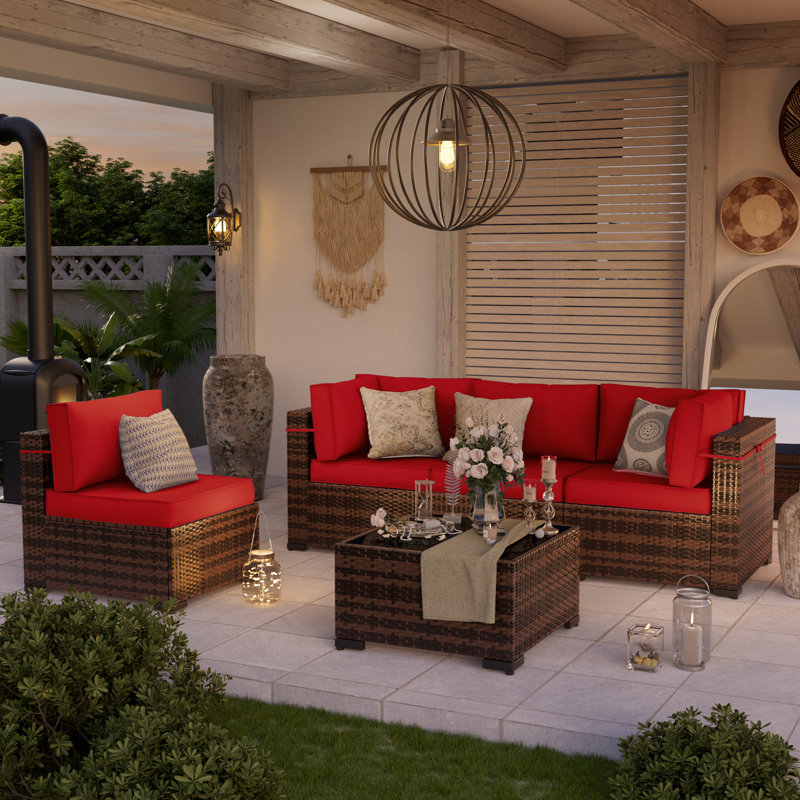 Wicker 4 - Person Modular Patio Conversation Set with Cushions, Bright Red