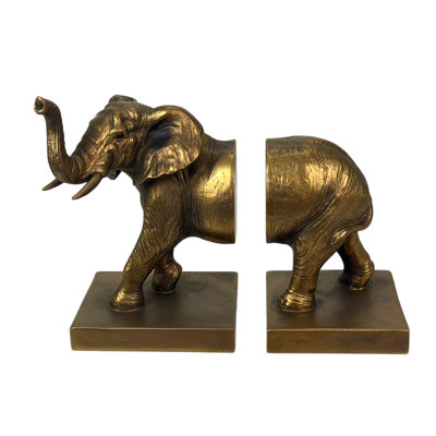 Paire de serre-livres éléphants en résine, finition cuivre antique